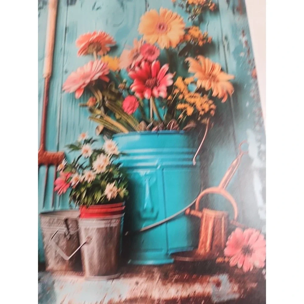 Vintage Style Metal Tin Sign Rustic Garden Flowers Watering Can Tools Wall Decor